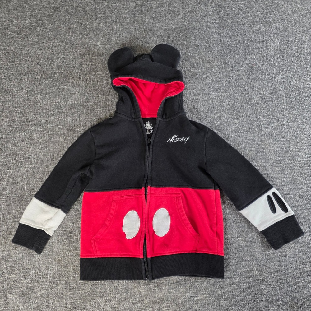 Disney Parks Mickey Mouse Zip Up Hoodie Ears Colorblock Black Red Kids Small